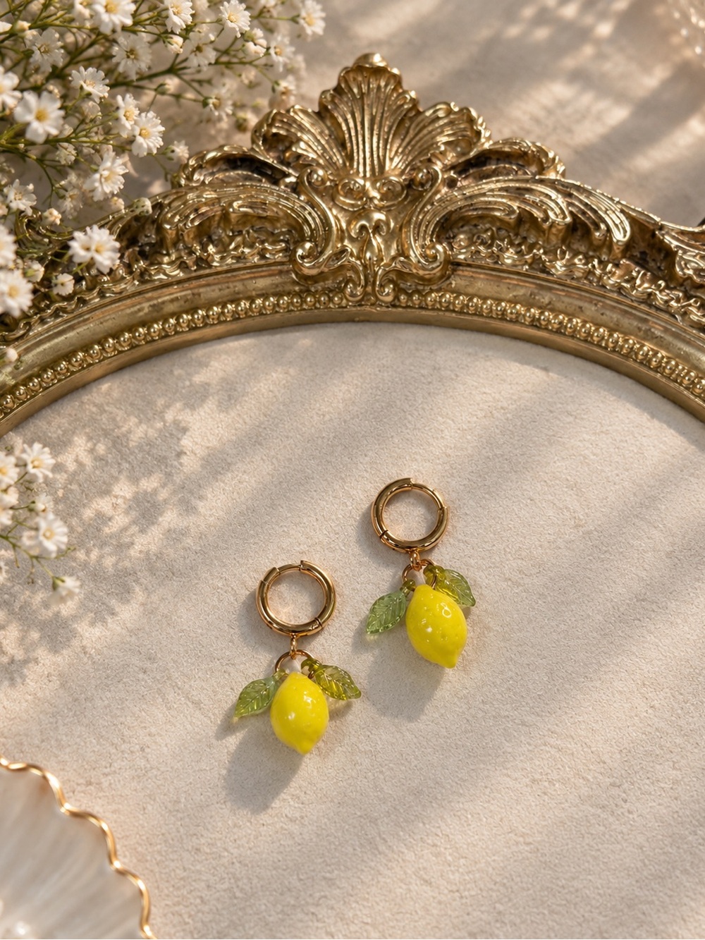 Gold Hoop Earrings with Yellow Lemon Charms and leaves